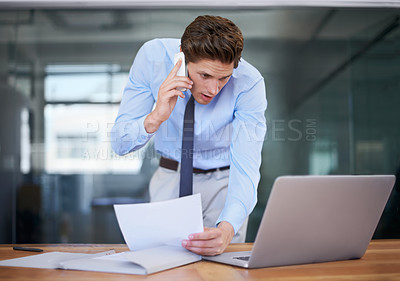 Buy stock photo Business man, phone call and reading computer, documents and paperwork for planning, accounting and financial advice. Professional worker talking on mobile and laptop information or taxes management