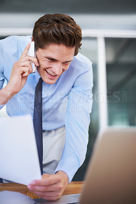 Buy stock photo Business man, phone call and reading laptop, documents and paperwork for planning, accounting and financial advice. Professional worker talking on mobile and computer information or taxes management