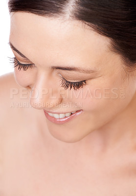 Buy stock photo Beauty, eyelash and woman in studio for makeup, cosmetics or wellness closeup. Mascara, face and happy lady model with lash, filler or extensions, volume or pamper with soft glam result satisfaction