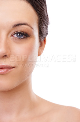 Buy stock photo Portrait, half and woman in studio for makeup, wellness or cosmetic care closeup on white background space. Face, split or lady model with glowing skin satisfaction, treatment or glam beauty results
