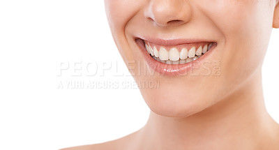 Buy stock photo Happy woman, teeth and smile for dentist, mouth hygiene or dermatology against a white studio background. Closeup of female person for tooth whitening in dental, oral or gum care on mockup space