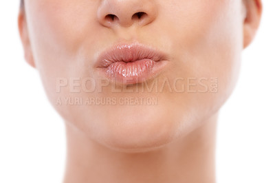Buy stock photo Woman, lips and pout in skincare for cosmetics, beauty or makeup against a white studio background. Closeup of female person or model mouth gloss in care for dermatology, hygiene or spa treatment