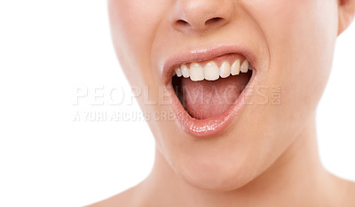 Buy stock photo Woman, teeth and smile for dentist, mouth hygiene or dermatology against a white studio background. Closeup of female person or model for tooth whitening in dental, oral or gum care on mockup space