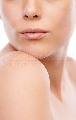 Buy stock photo Woman, lips and skincare for cosmetics, beauty or makeup isolated against a white studio background. Closeup of female person, shoulder or skin in care for dermatology, hygiene or spa  treatment