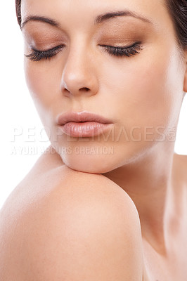 Buy stock photo Woman, face and skincare for cosmetics, beauty or makeup isolated against a white studio background. Closeup of female person, shoulder or skin in care for dermatology, hygiene or spa treatment