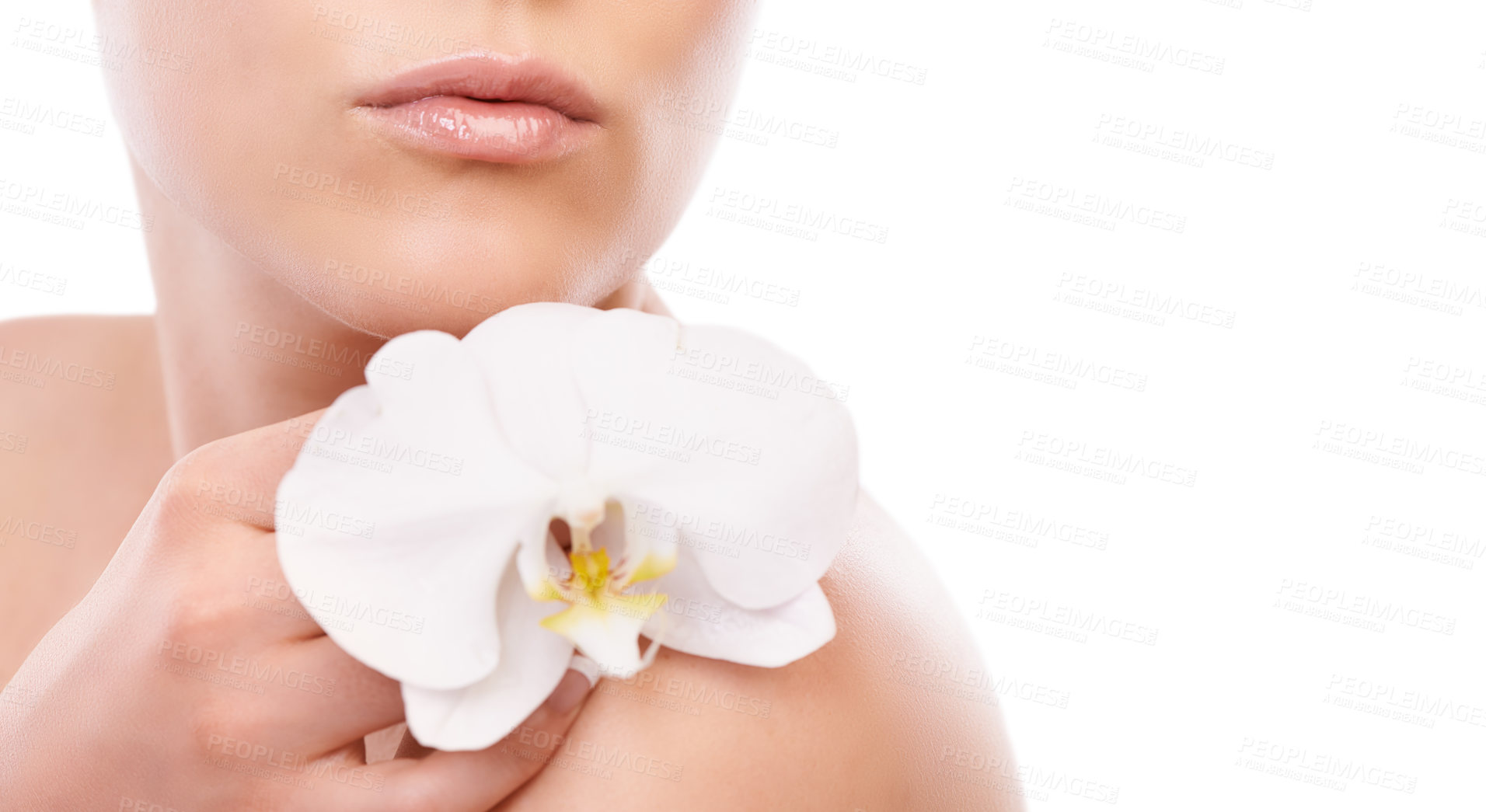 Buy stock photo Woman, skincare and beauty with orchid in hand, studio and natural change for wellness by white background. Girl, model or person with flower, floral plant and growth with cosmetics, choice or health