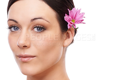 Buy stock photo Flower, portrait and woman in studio for makeup, wellness or natural cosmetics on white background. Daisy, beauty or face of lady model with floral cosmetology, shine or glowing skin or spa aesthetic