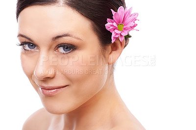 Buy stock photo Portrait, flower and happy woman in studio for skincare, wellness or natural cosmetics on white background. Daisy, beauty or model face with floral cosmetology, shine or skin glow with spa aesthetic
