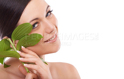 Buy stock photo Skincare, leaf and portrait of woman in studio for makeup, wellness and eco friendly cosmetics on white background. Plant, beauty or model face with natural dermatology, treatment or skin detox shine