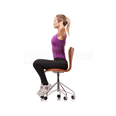 Buy stock photo Office, chair and woman stretching for posture, health and fitness in white background or studio. Sitting, exercise and person training arms with seated core stretches or practice for wellness
