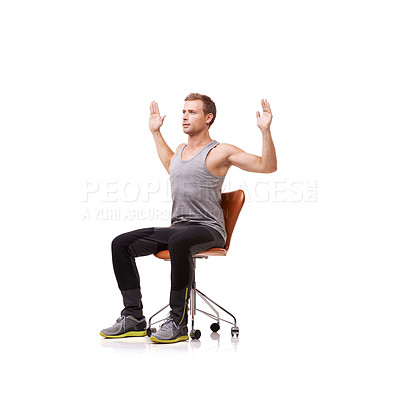 Buy stock photo Man, stretching and hands on chair in studio for exercise, workout or posture training with concentration. Person, sportswear or physical activity with mock up space on white background and calm face