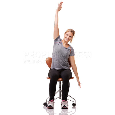Buy stock photo Office, chair and woman stretching in portrait for posture, health and fitness in white background or studio. Sitting, exercise and person training with seated arm stretches or practice for wellness