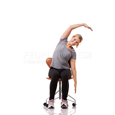 Buy stock photo Office, chair and portrait of woman stretching for posture, health and fitness in white background or studio. Sitting, exercise and person training with seated arm stretches or practice for wellness