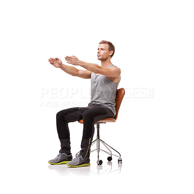 Buy stock photo Office chair, man and exercise for posture with health and fitness in white background or studio. Sitting, workout and person training with seat and stretching arms in practice for core wellness