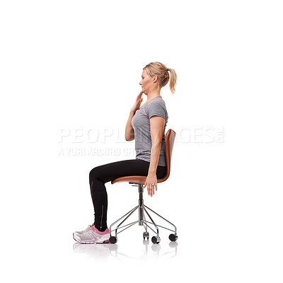 Buy stock photo Office, chair and woman stretching neck for posture, health and fitness in white background or studio. Sitting, exercise and person training with seated chin stretches or practice for wellness