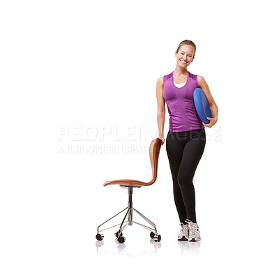 Buy stock photo Portrait, chair and woman exercise for posture with pillow in white background or studio. Fitness, person and smile with cushion for seat and ready to workout with pilates for health and wellness