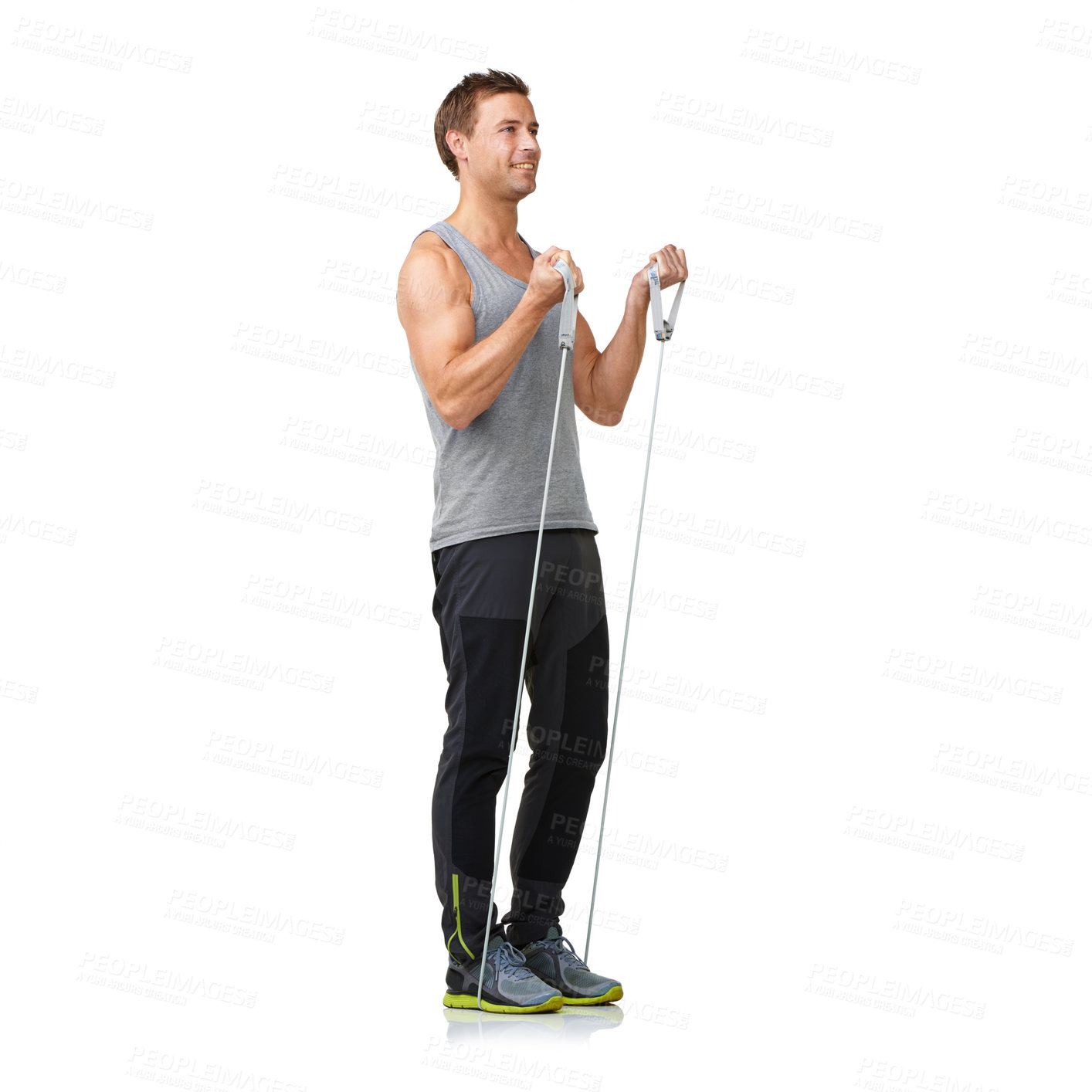 Buy stock photo Stretching, man and resistance band for exercise in studio, gym and performance in strong muscles. Sports person, smile or fitness in commitment by equipment, mockup or cardio by white background
