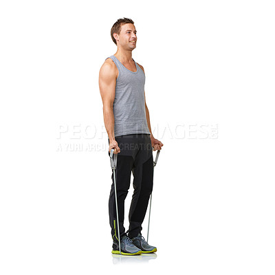 Buy stock photo Health, man and resistance band for fitness in studio, gym and commitment for strong muscles with biceps. Sports person, exercise and workout for wellness in mockup and stretching on white background