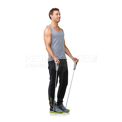 Buy stock photo Fitness, man and resistance band to exercise in studio, health and weight training for strong muscles. Sports person, workout and commitment by gym equipment in mockup and happy on white background