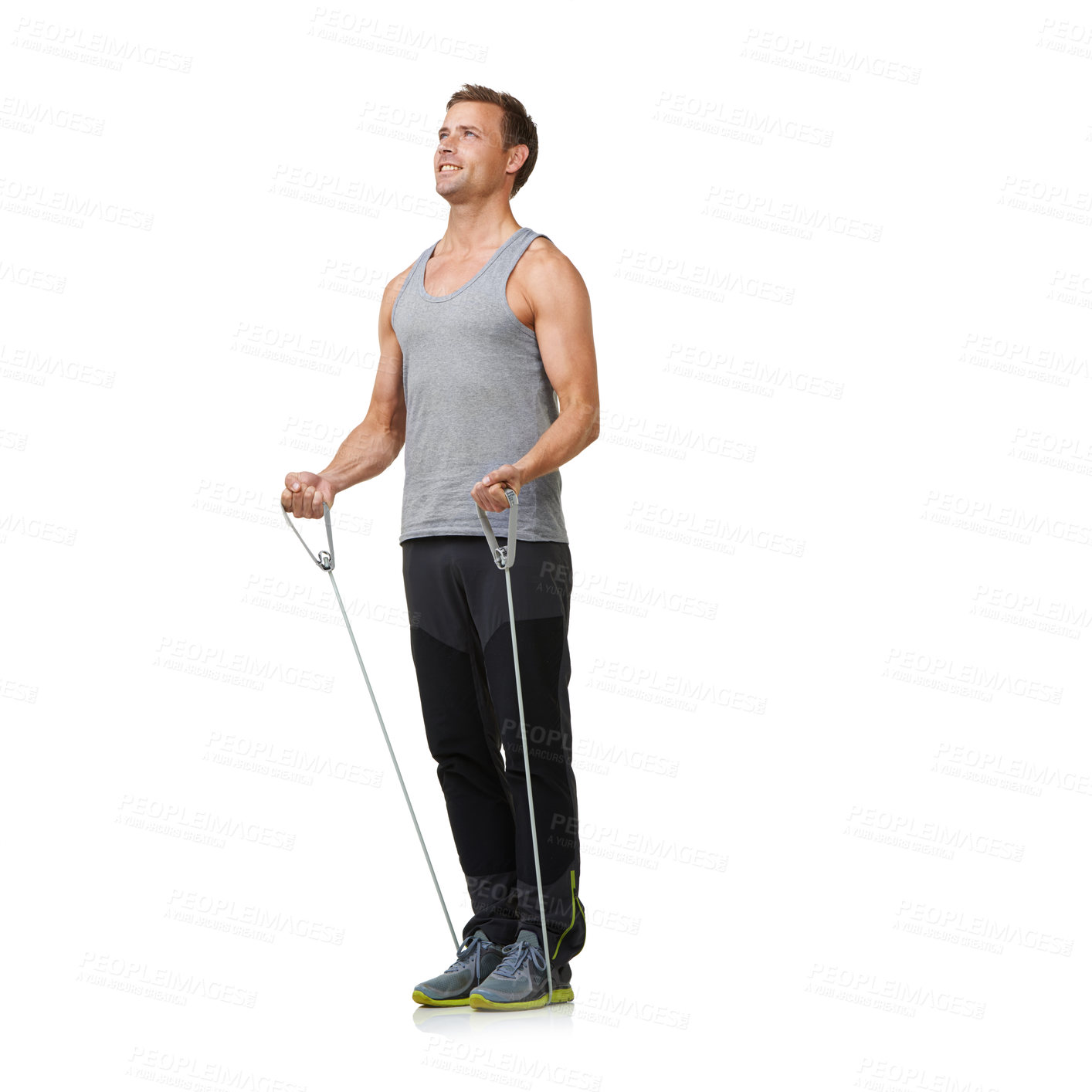 Buy stock photo Fitness, man and resistance band to workout in studio, gym and weight training for strong muscles. Sports person, exercise and commitment with stretching in mockup and wellness on white background