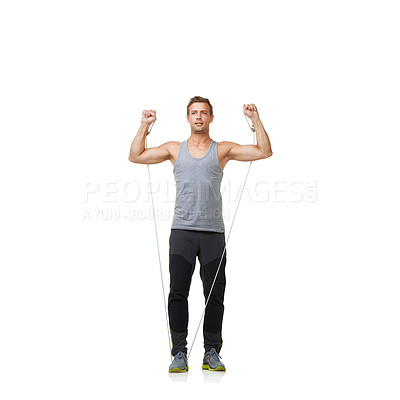 Buy stock photo Fitness, man and resistance band for strong in studio, gym and bicep exercise for training muscles. Sports person, workout and commitment with stretching in mockup and cardio on white background