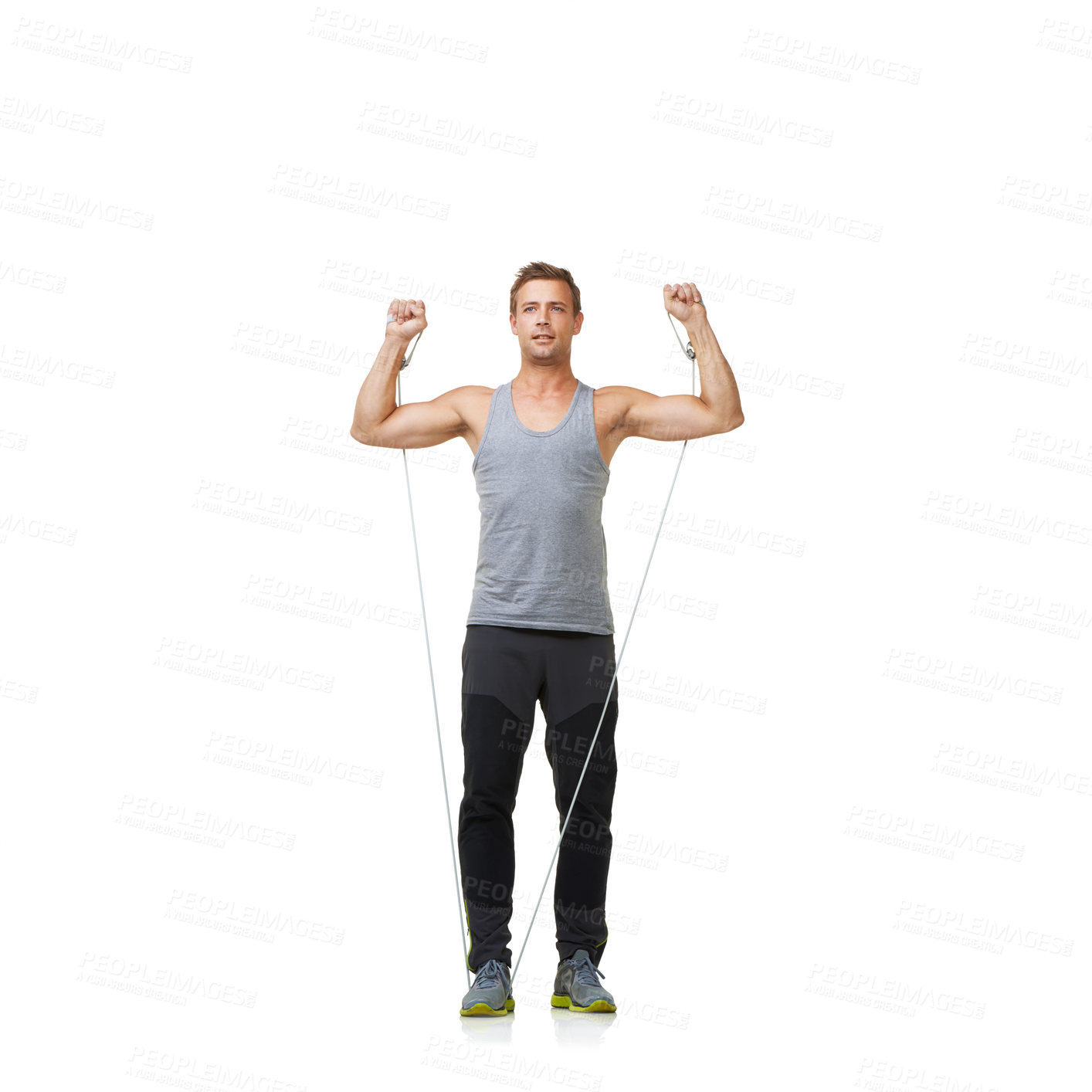 Buy stock photo Fitness, man and resistance band for strong in studio, gym and bicep exercise for training muscles. Sports person, workout and commitment with stretching in mockup and cardio on white background