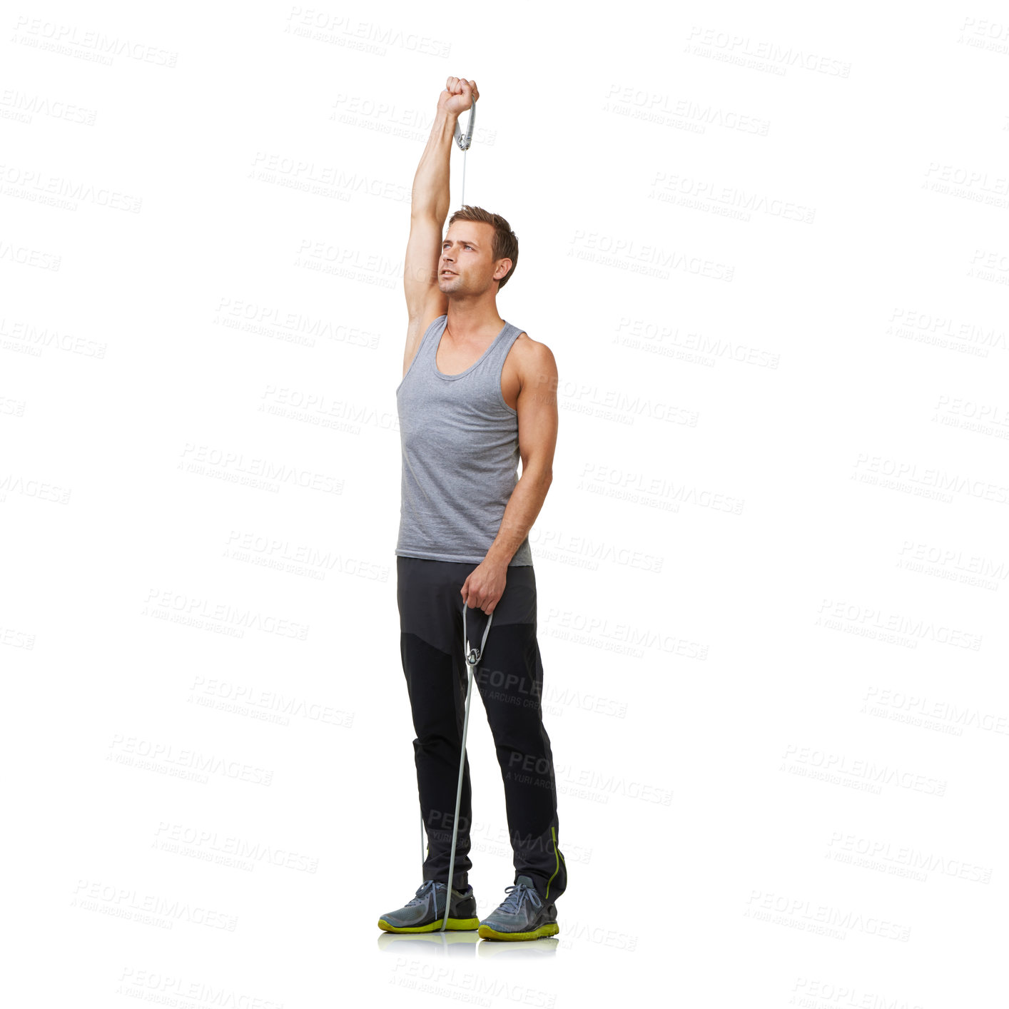 Buy stock photo Fitness, strong and man by resistance band in studio, gym and bicep arm training for workout. Person, exercise and muscle growth with sportswear in mockup, health and stretching on white background