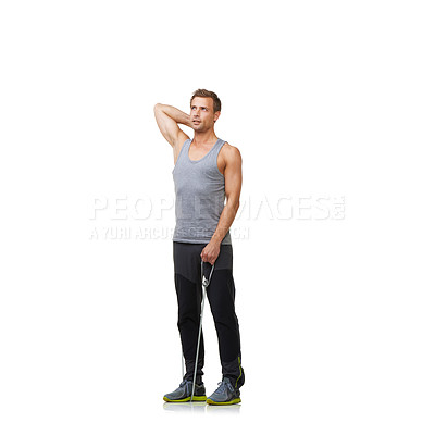 Buy stock photo Fitness, thinking and man by resistance band in studio, gym and bicep arm training for workout. Person, exercise and muscle growth with gym equipment in mockup, health and athlete on white background
