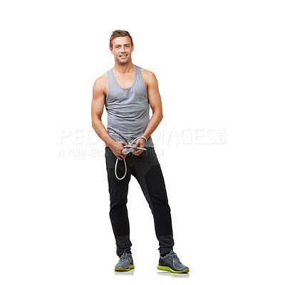 Buy stock photo Strong, portrait and man by resistance band in studio, gym mockup and training for workout. Person, face and happy to exercise by muscle growth, equipment and stretching in health on white background