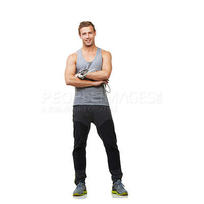 Buy stock photo Portrait, confident and man with resistance band in studio, gym and training mockup for workout. Person, exercise and face with muscle growth for strong body, health and cardio on white background
