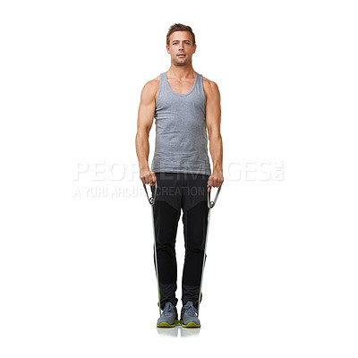 Buy stock photo Portrait, man or resistance band in training in studio, gym or pride for strong muscles or biceps. Face, person or exercise for commitment with sports equipment, mockup or health on white background