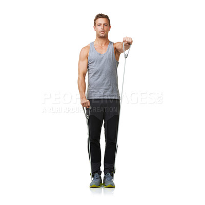 Buy stock photo Portrait, man and resistance band to workout in studio, gym and training for strong muscles or biceps. Sports person, face and exercise in commitment with mockup and cardio on white background