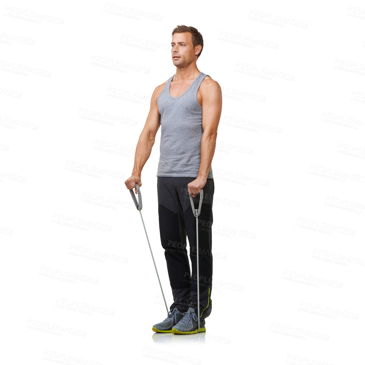Buy stock photo Fitness, man and resistance band for strong in studio, gym and biceps training or workout muscles. Sports person, exercise and commitment with stretching in mockup and cardio on white background