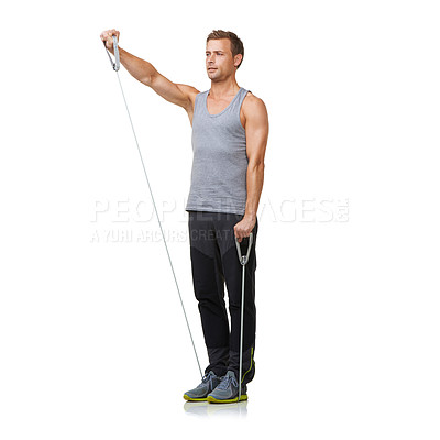 Buy stock photo Fitness, person and resistance band to workout in studio, gym and bicep training for strong muscles. Sport, man and exercise for commitment in gym equipment and mockup for cardio by white background