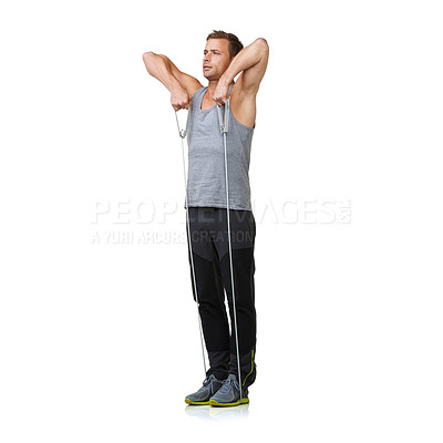 Buy stock photo Workout, man and stretching a resistance band in studio, gym and fitness training for strong muscles. Sports person, exercise and commitment by gym equipment in mockup and cardio by white background