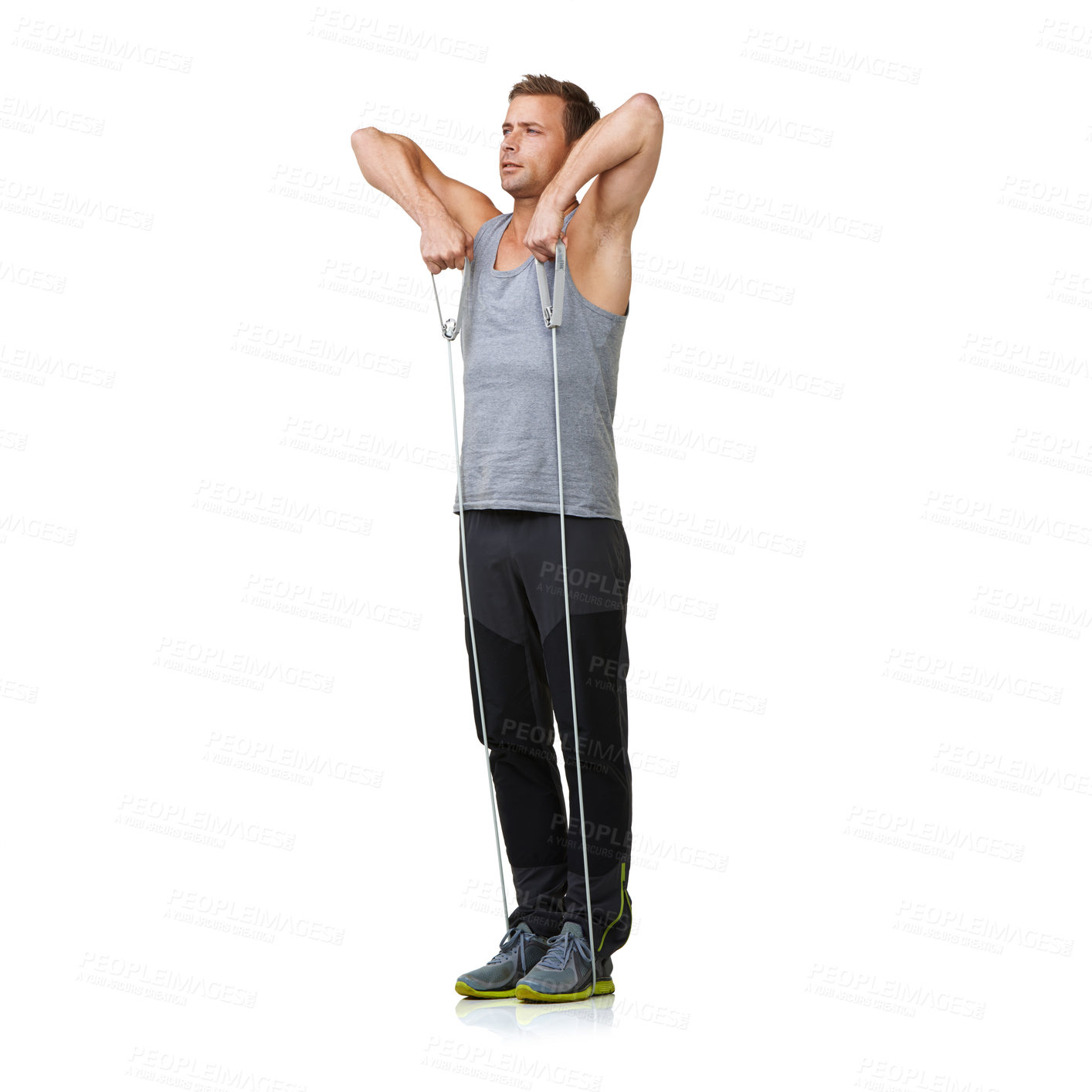 Buy stock photo Workout, man and stretching a resistance band in studio, gym and fitness training for strong muscles. Sports person, exercise and commitment by gym equipment in mockup and cardio by white background