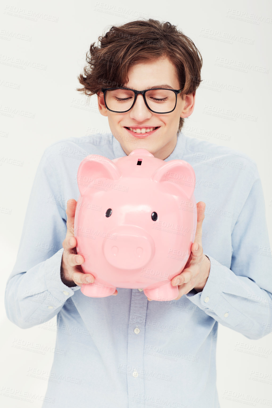 Buy stock photo Piggy bank, smile and man with finance, business and planning isolated on a white studio background. Person, model and entrepreneur with savings, transactions and investment with payment and excited