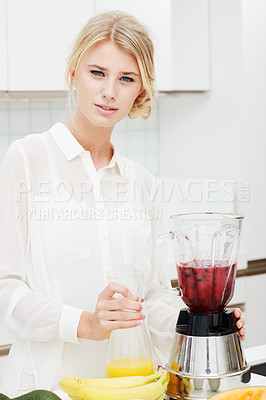 Buy stock photo Woman, portrait and fruit for smoothie in kitchen, health nutrition and vegan diet for food in apartment. Person, face or blender in berries for juice, vitamins or detox wellness for energy in home