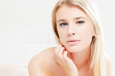 Buy stock photo Woman, portrait and natural beauty in studio with skincare, cosmetic and facial treatment with confidence and mock up space. Person, face and shirtless with dermatology for glow on white background