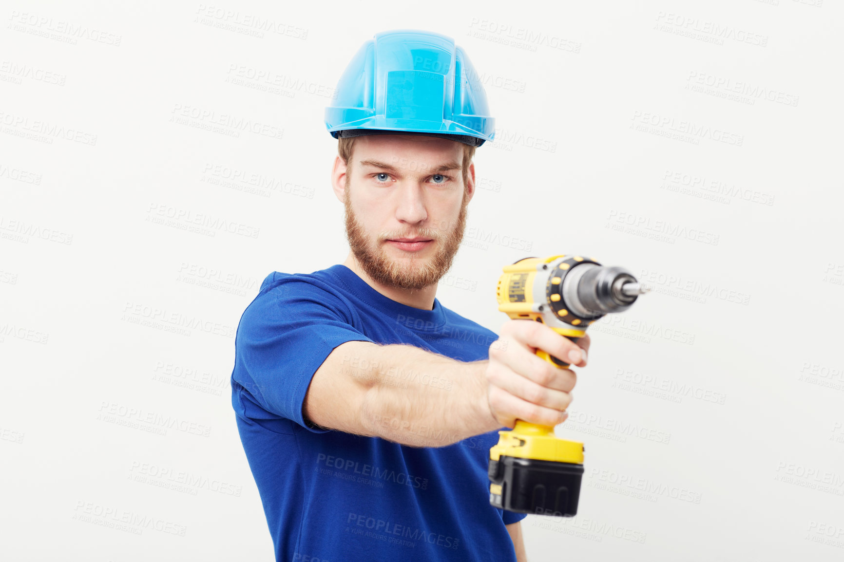 Buy stock photo Construction worker man, power drill and studio portrait with hand for maintenance by white background. Person, employee or small business owner with tools, helmet and job at repair services company