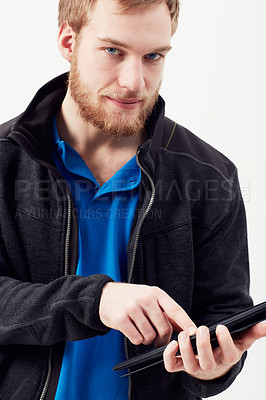Buy stock photo Tablet, search or portrait of man in studio for social media, chat or web communication on white background. Digital, app and face of person online for job research, employment or recruitment sign up