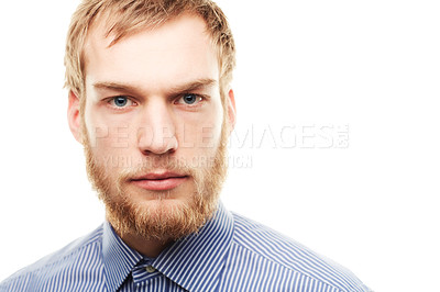 Buy stock photo Serious, white background and portrait of business man for career, professional work and job. Corporate mockup, entrepreneur and face of isolated worker with ambition, confidence and pride in studio