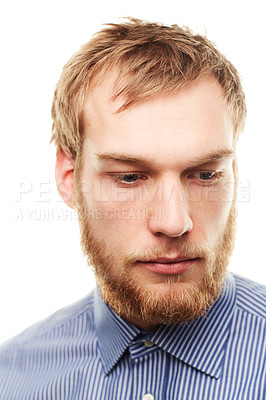 Buy stock photo Thinking, white background and face of business man with ideas, brainstorming and solution. Professional worker, career and isolated person with facial expression for confused, thoughtful or question