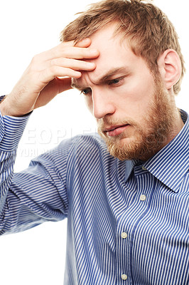 Buy stock photo Business, man and headache with stress, employee and worker isolated on white studio background. Person, consultant and entrepreneur with a migraine, depression and professional with anxiety or doubt