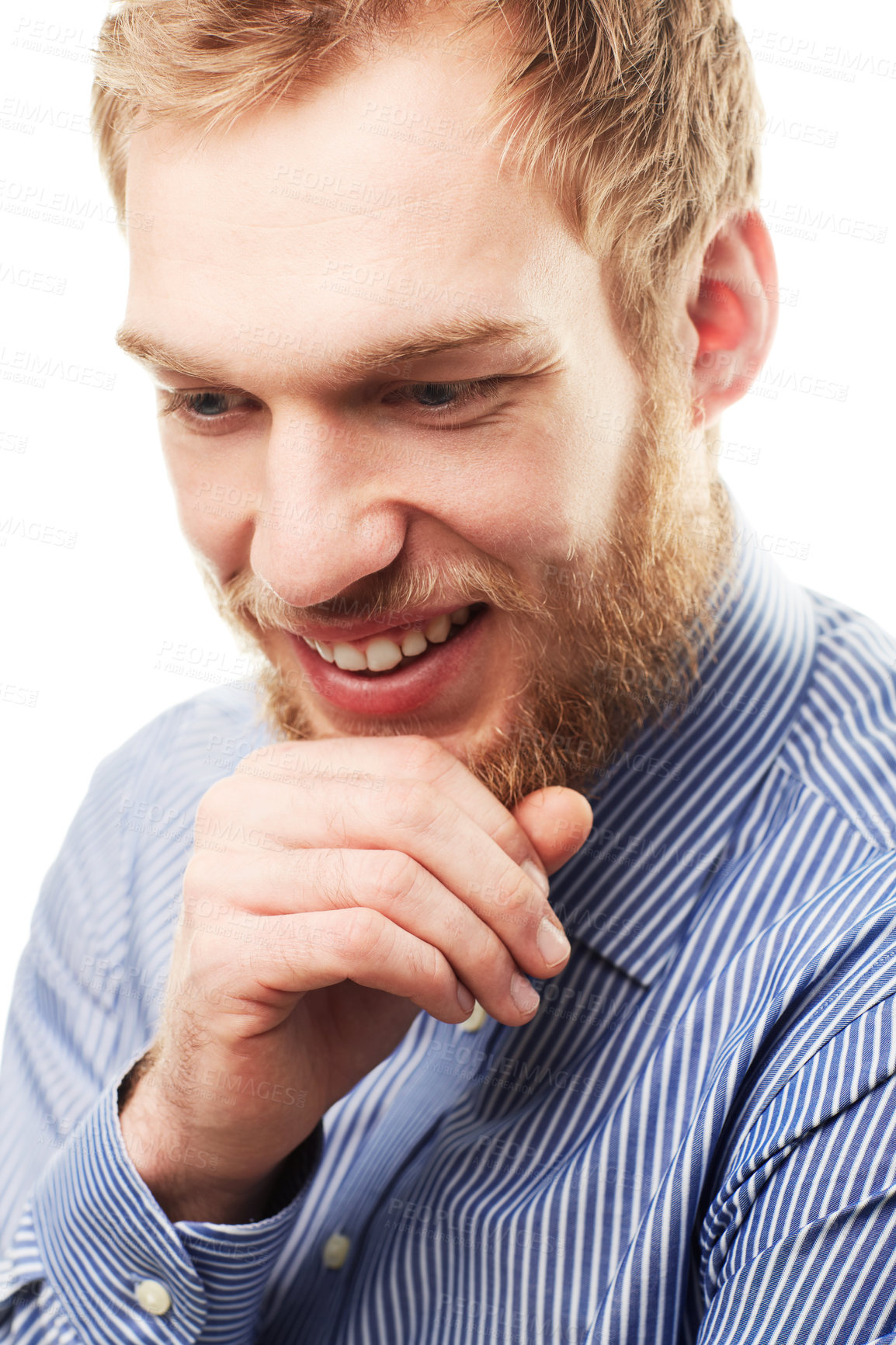 Buy stock photo Thinking, white background and face of happy businessman with ideas, brainstorming and thoughtful. Professional, work and person with hand on chin for solution, problem solving and planning in studio