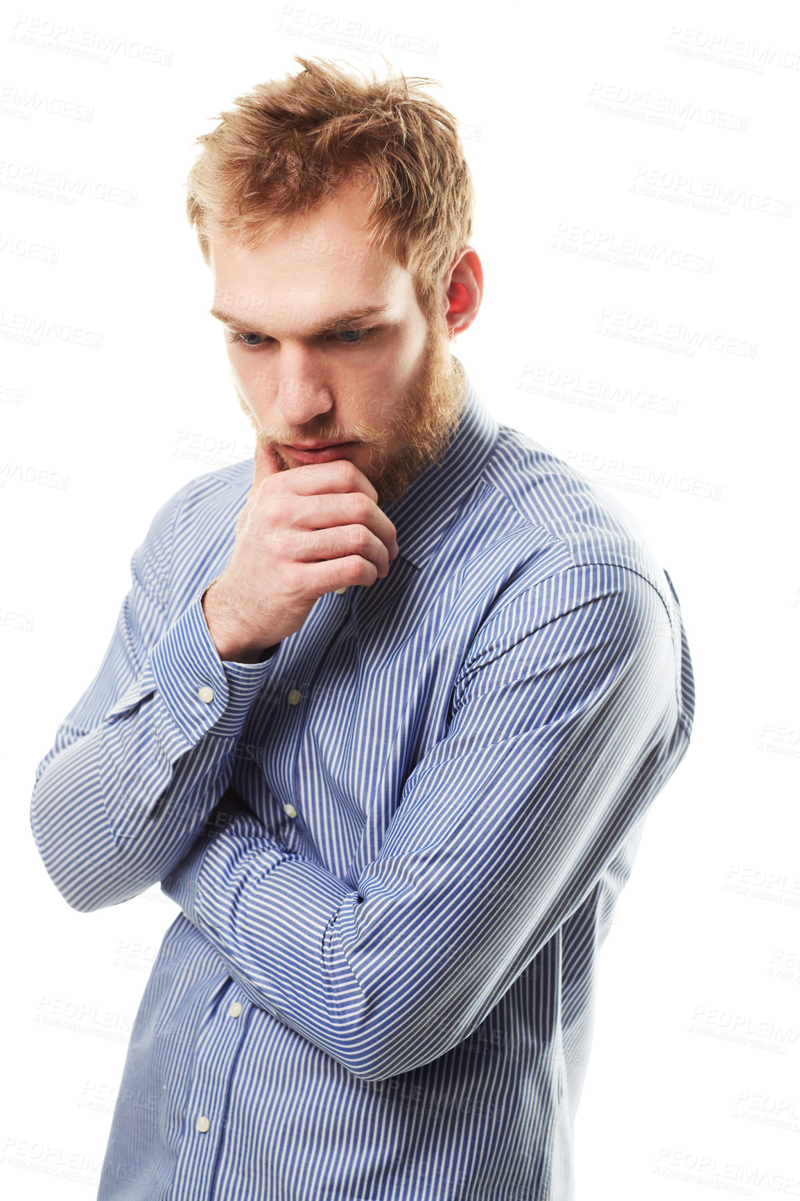 Buy stock photo Thinking, white background and confused business man with ideas, brainstorming and thoughtful. Professional, problem solving and isolated person with hand on chin for career, job and work in studio