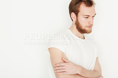 Buy stock photo Thinking, white background and man with thoughtful, contemplation and brainstorming ideas. Fashion, problem solving and isolated person in trendy clothes, style and outfit with choice or decision