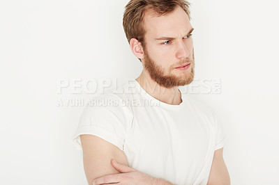 Buy stock photo Thinking, fashion and man on a white background for thoughtful, contemplation and wondering. Studio, problem solving and isolated person in trendy clothes, style and outfit with choice or decision