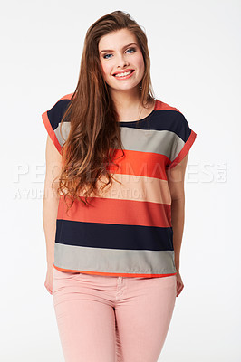 Buy stock photo Portrait, fashion and happy woman in studio with stylish, fashionable or cool clothing on white background. Style, smile and female model pose in trendy clothes, edgy or outfit with positive attitude