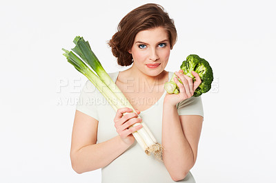 Buy stock photo Woman, health and portrait by vegetables in studio, nutrition and wellness in vegan diet in mock up. Person, face and broccoli by natural food, vitamins and detox in organic salad by white background